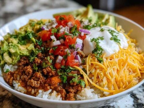 Taco Rice Bowl with seasoned ground beef rice black beans corn lettuce tomatoes cheese and salsa in white bowl