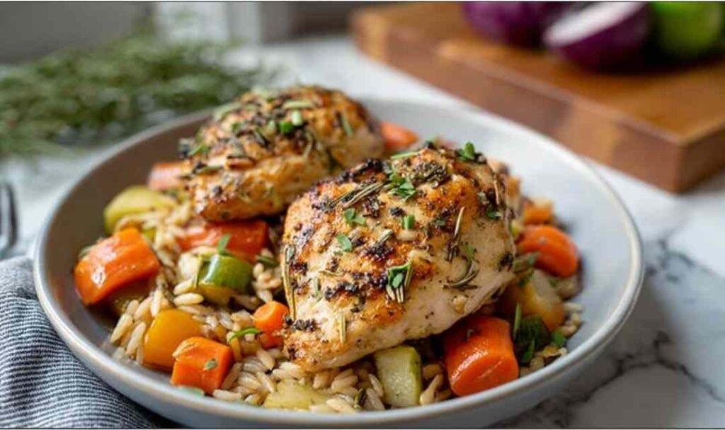 Garlic herb chicken and carrot plate served hot with fresh parsley garnish on white plate