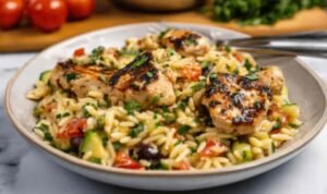 Garlic herb chicken and carrot plate served hot with fresh parsley garnish on white plate