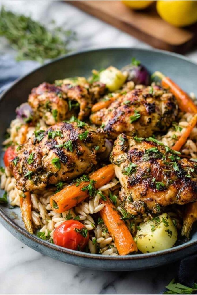 Garlic herb chicken and carrot plate served hot with fresh parsley garnish on white plate