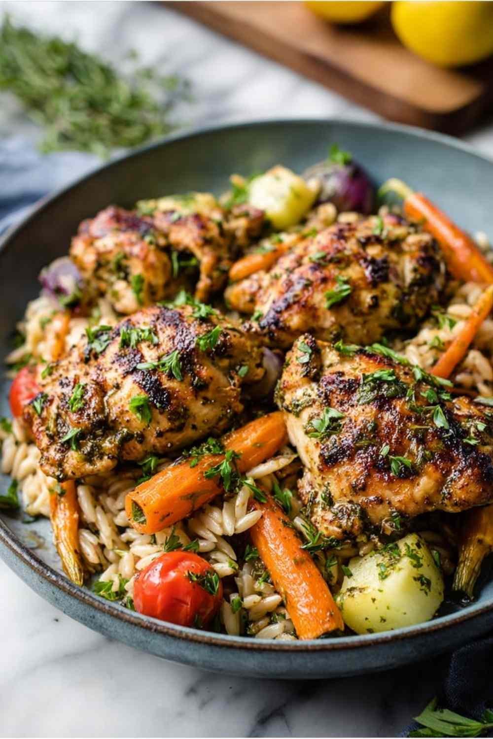 Garlic herb chicken and carrot plate served hot with fresh parsley garnish on white plate