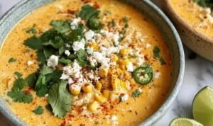 Mexican Street Corn Soup in white bowl topped with queso fresco, cilantro, and lime wedges