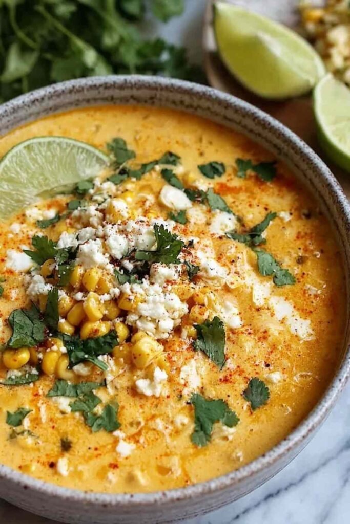 Mexican Street Corn Soup in white bowl topped with queso fresco, cilantro, and lime wedges