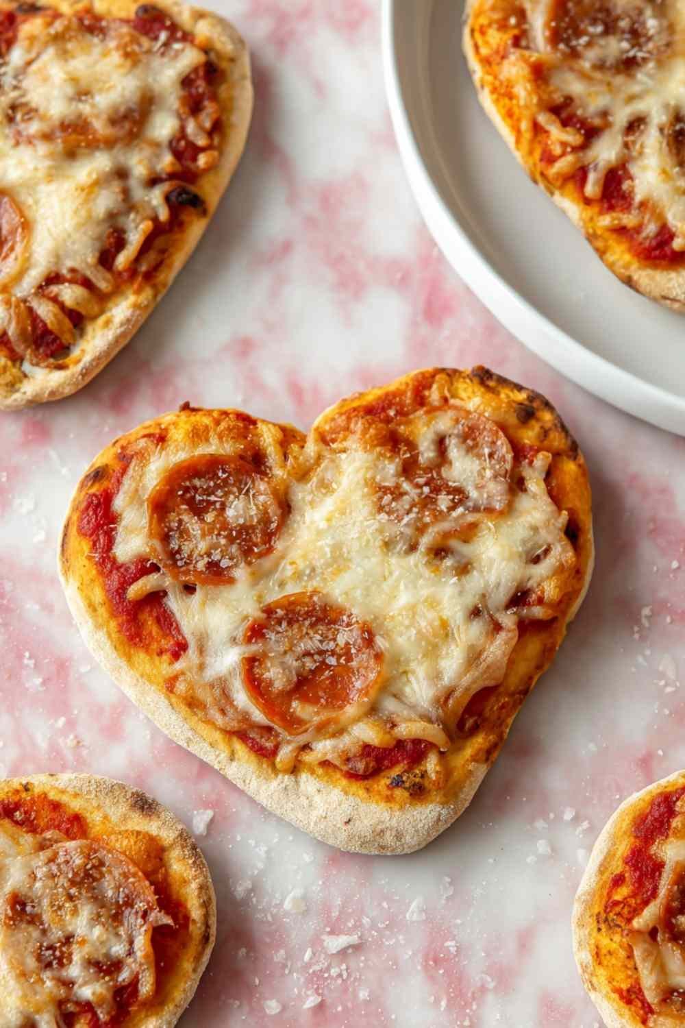 Mini heart shaped pizzas with mozzarella cheese and heart pepperoni on plate for Valentine's Day family dinner