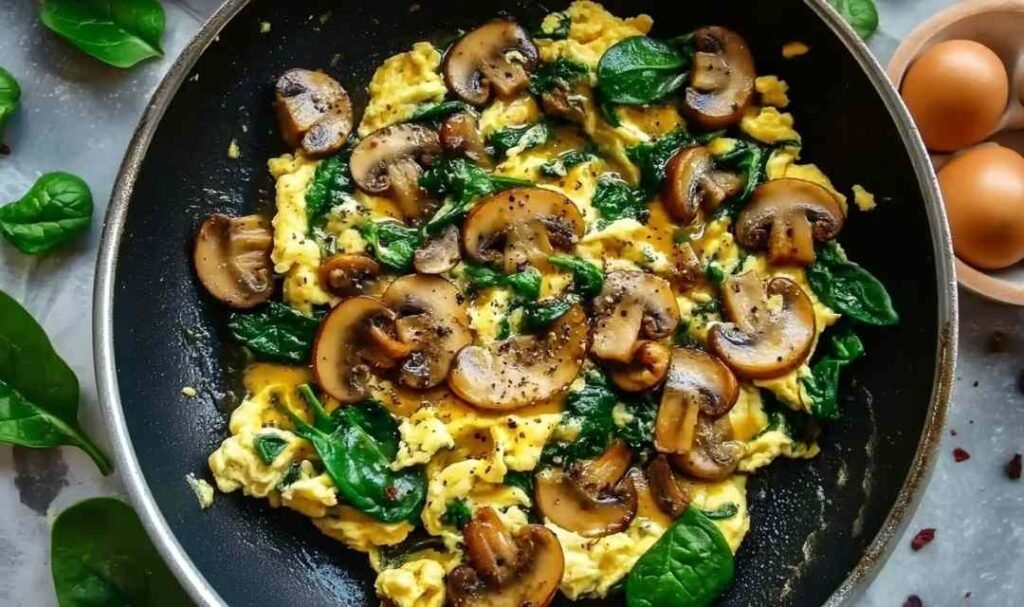 Creamy mushroom spinach scrambled eggs in a non-stick skillet with golden mushrooms and wilted spinach