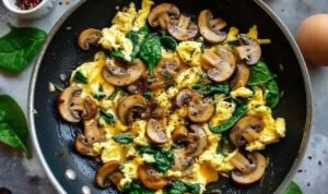 Creamy mushroom spinach scrambled eggs in a non-stick skillet with golden mushrooms and wilted spinach