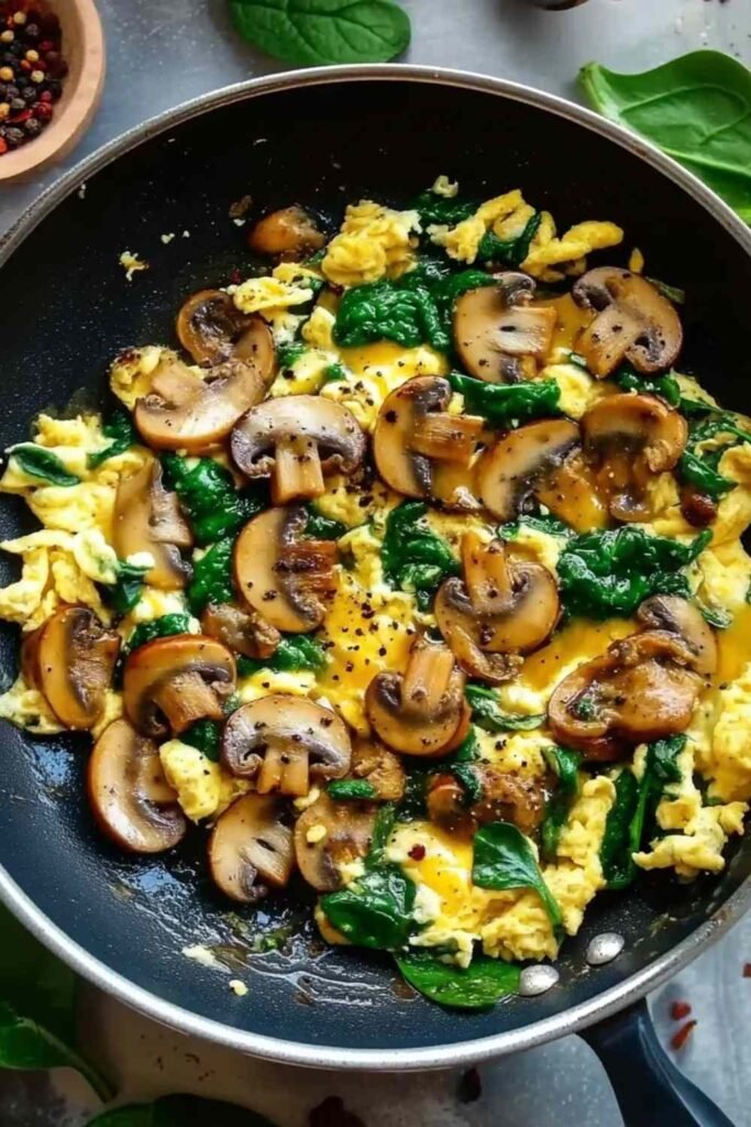 Creamy mushroom spinach scrambled eggs in a non-stick skillet with golden mushrooms and wilted spinach