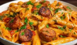 One pot Cajun sausage pasta with creamy sauce, bell peppers and parmesan cheese in large skillet