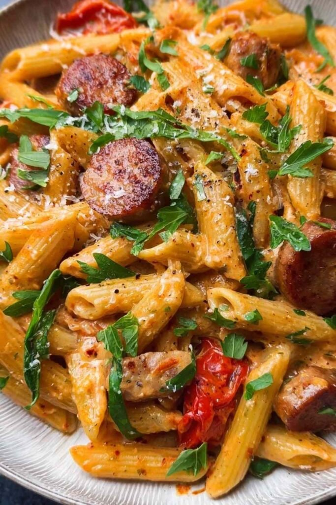 One pot Cajun sausage pasta with creamy sauce, bell peppers and parmesan cheese in large skillet