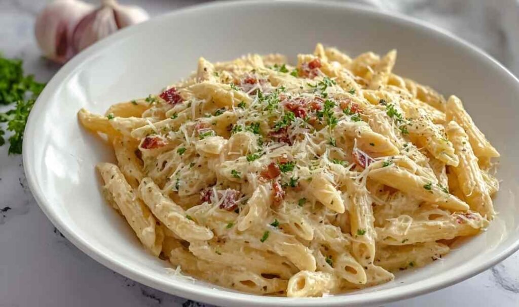 One pot creamy garlic pasta in a large skillet garnished with fresh parsley and grated parmesan cheese