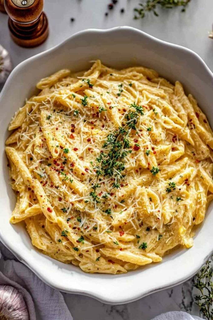 One pot creamy garlic pasta in a large skillet garnished with fresh parsley and grated parmesan cheese