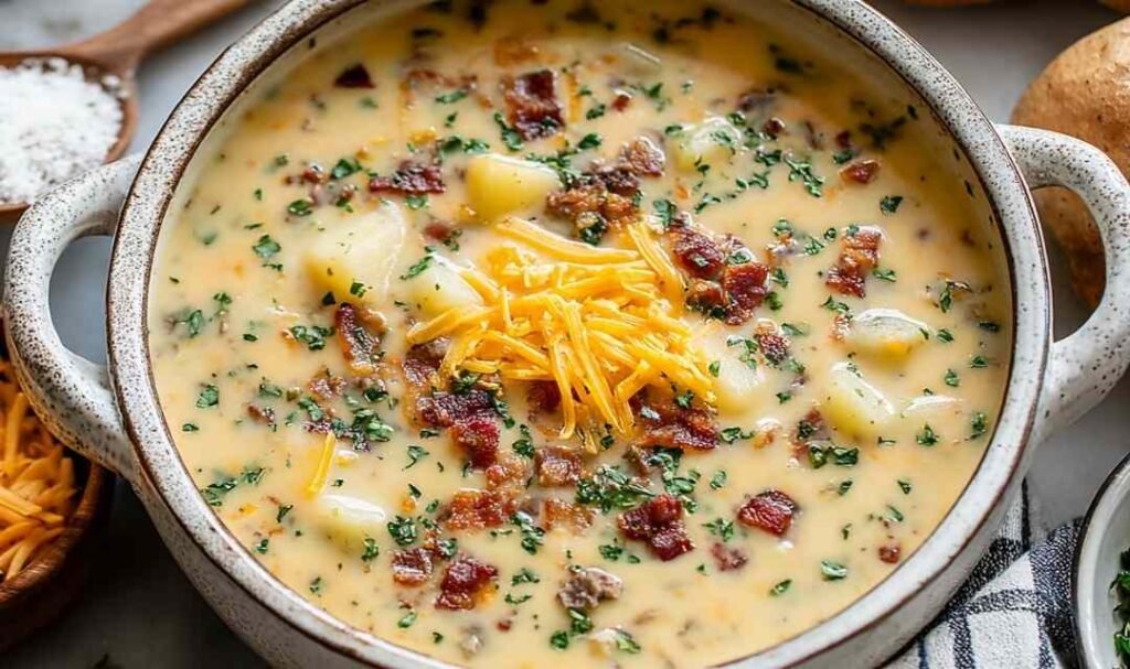 A bowl of creamy Outback Steakhouse Potato Soup topped with shredded cheddar cheese, crispy bacon crumbles, and diced green onions