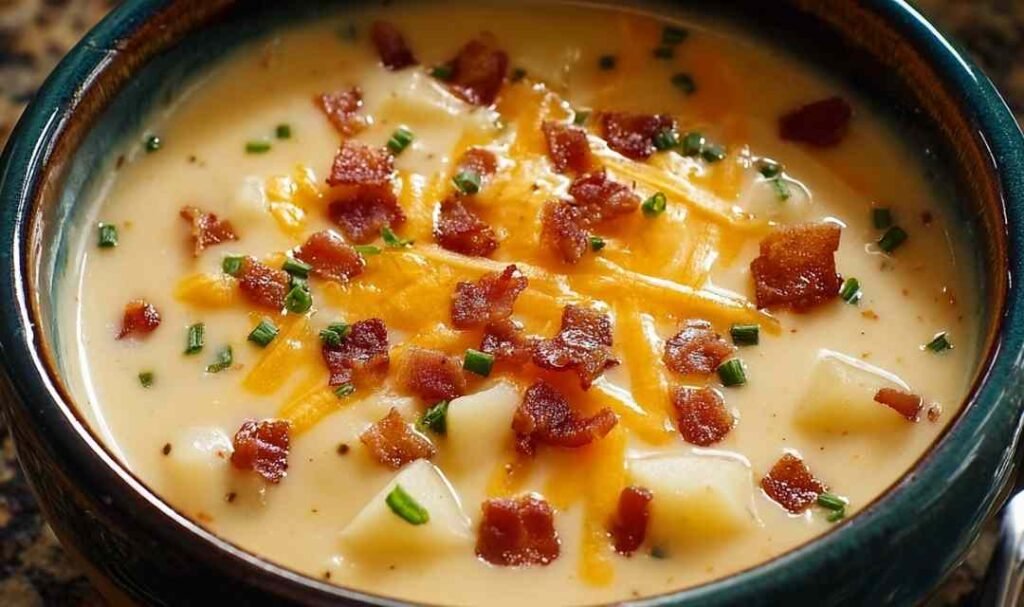 Creamy Outback Steakhouse potato soup served in a white bowl topped with shredded cheddar cheese, crispy bacon, and fresh green onions