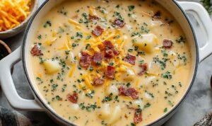 A bowl of creamy Outback Steakhouse Potato Soup topped with shredded cheddar cheese, crispy bacon crumbles, and diced green onions