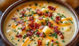 Creamy Outback Steakhouse potato soup served in a white bowl topped with shredded cheddar cheese, crispy bacon, and fresh green onions