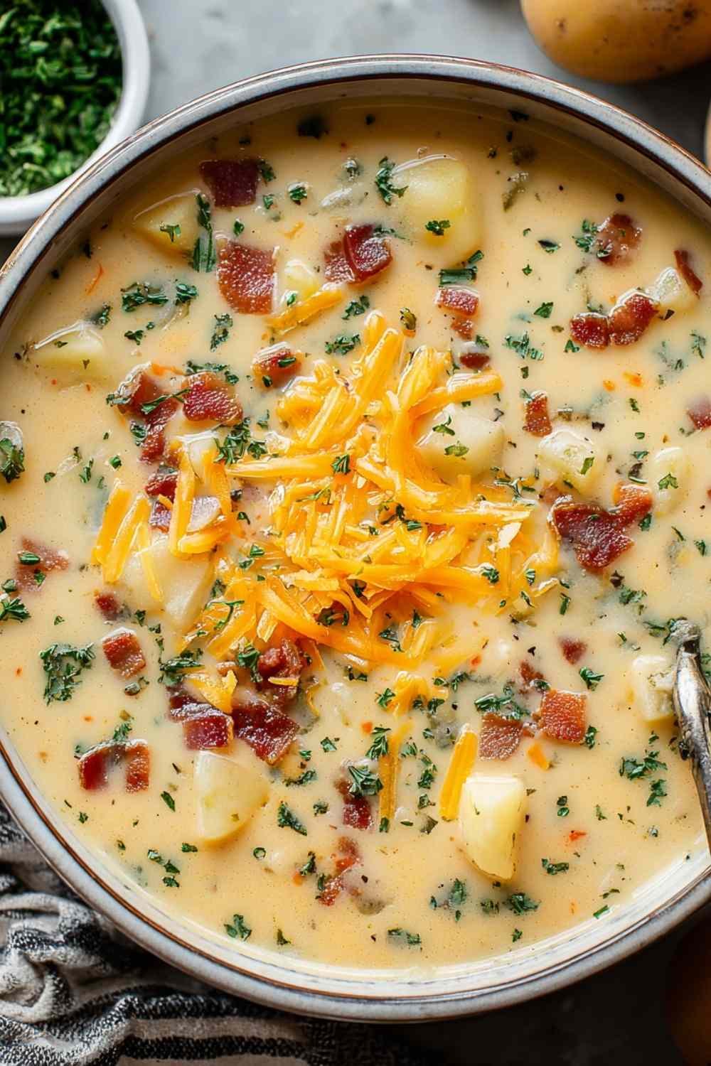 A bowl of creamy Outback Steakhouse Potato Soup topped with shredded cheddar cheese, crispy bacon crumbles, and diced green onions