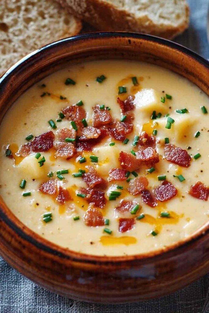 Creamy Outback Steakhouse potato soup served in a white bowl topped with shredded cheddar cheese, crispy bacon, and fresh green onions
