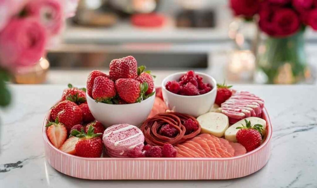 Pink and red themed board close up showing heart-shaped watermelon pepperoni and cranberry stilton cheese