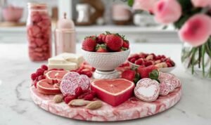 Pink and red themed board close up showing heart-shaped watermelon pepperoni and cranberry stilton cheese