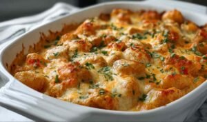 High protein cheesy chicken and potatoes in a skillet with melted mozzarella, creamy garlic Parmesan sauce, and fresh parsley