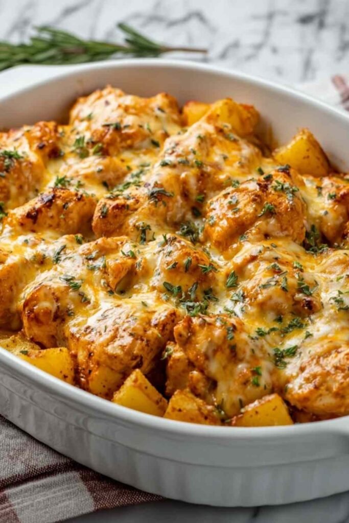 High protein cheesy chicken and potatoes in a skillet with melted mozzarella, creamy garlic Parmesan sauce, and fresh parsley