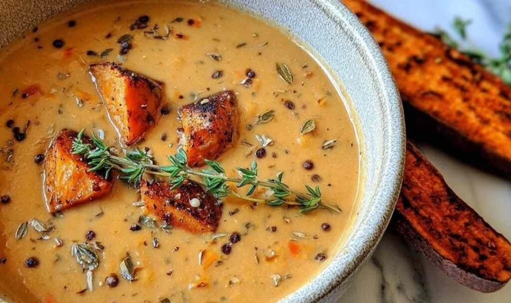 Roasted Italian Sweet Potato Soup in white bowl garnished with fresh thyme and roasted sweet potato wedges