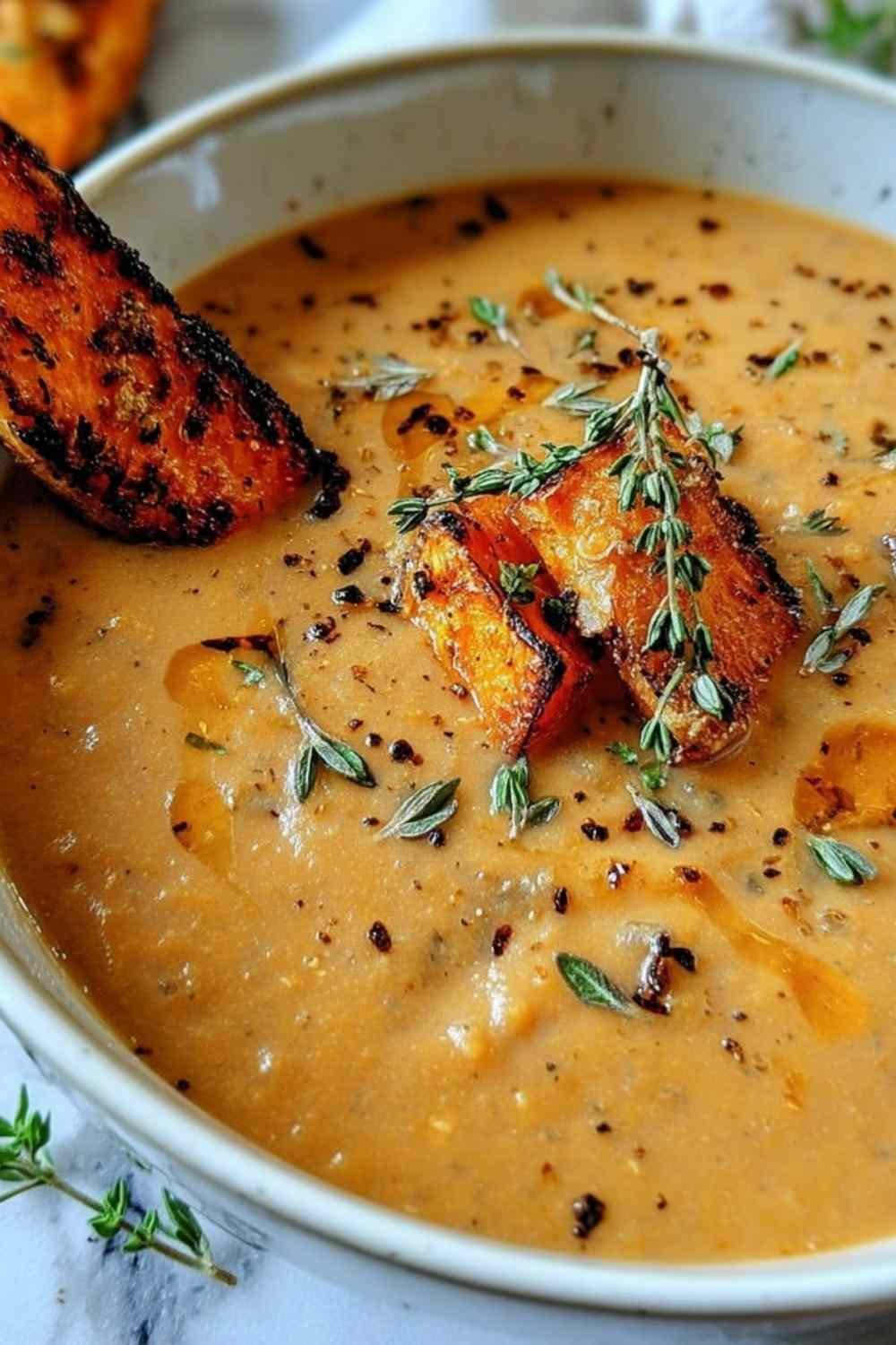 Roasted Italian Sweet Potato Soup in white bowl garnished with fresh thyme and roasted sweet potato wedges