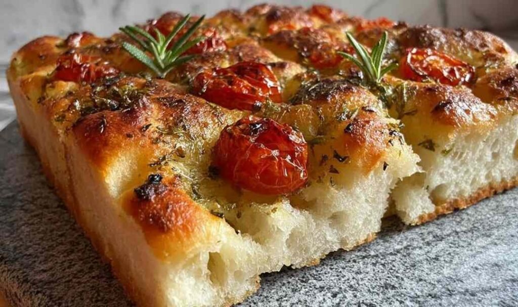 Same Day Focaccia with golden crispy edges and rosemary on top fresh from the oven