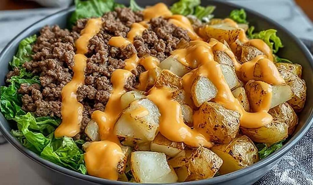 Smash burger bowl with crispy beef, air-fried potatoes, caramelized onions, melted cheese, and Cajun sauce