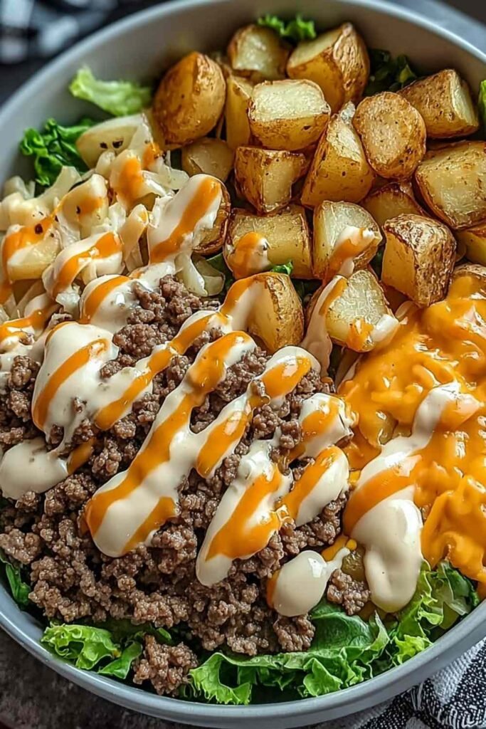 Smash burger bowl with crispy beef, air-fried potatoes, caramelized onions, melted cheese, and Cajun sauce