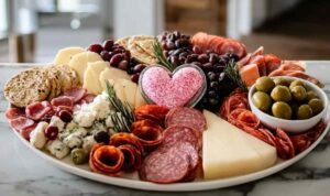 Savory Valentine's Day charcuterie board with heart-shaped cheese, cured meats, fresh figs, and rosemary garnish on wooden serving platter