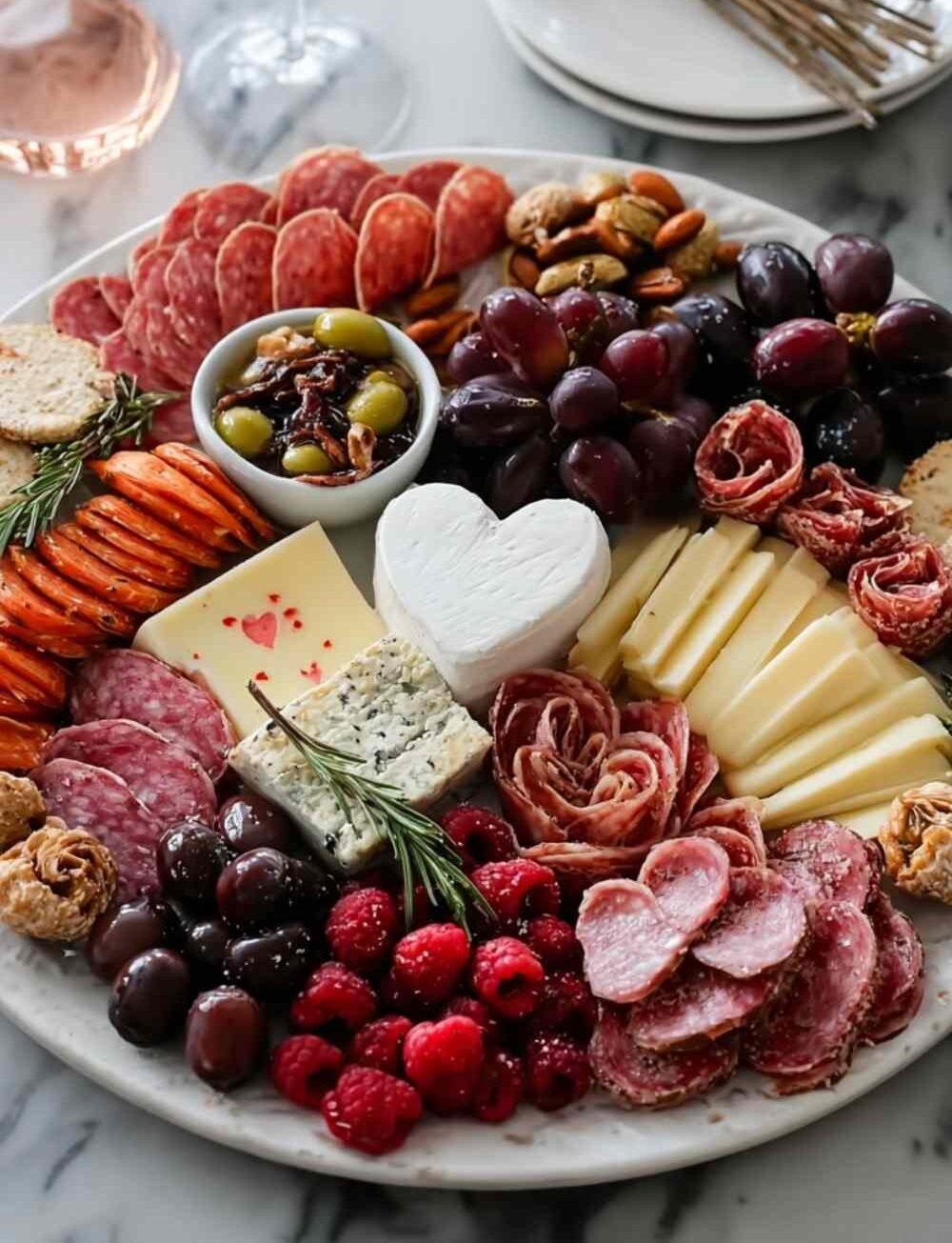 Savory Valentine's Day charcuterie board with heart-shaped cheese, cured meats, fresh figs, and rosemary garnish on wooden serving platter