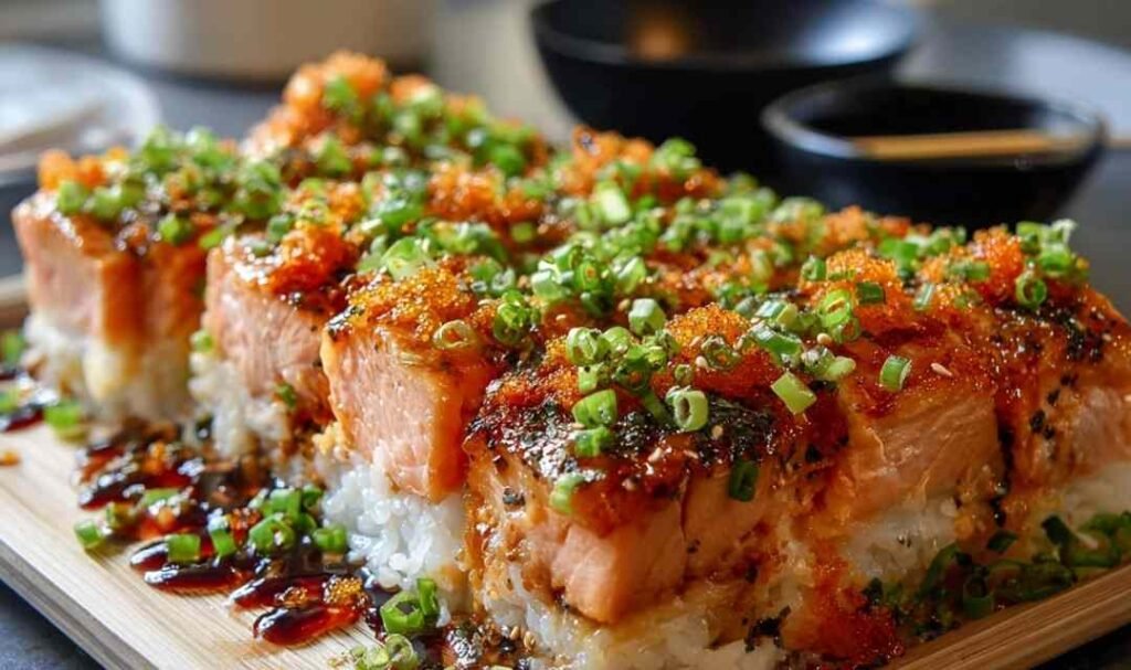 Spicy salmon sushi bake in baking dish with golden bubbly topping and green onion garnish