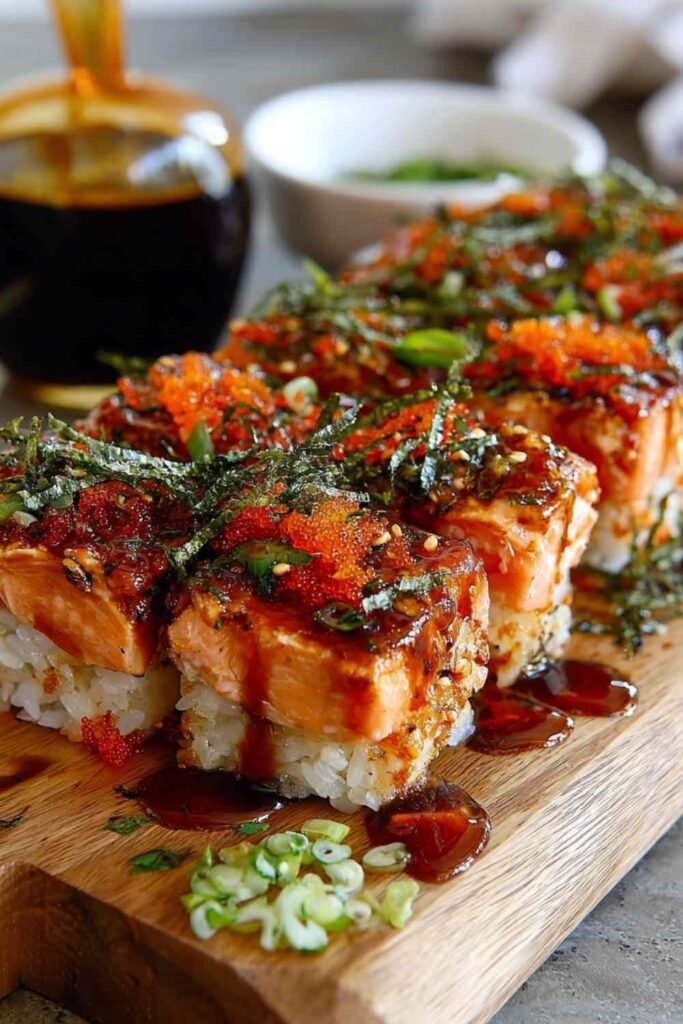 Spicy salmon sushi bake in baking dish with golden bubbly topping and green onion garnish