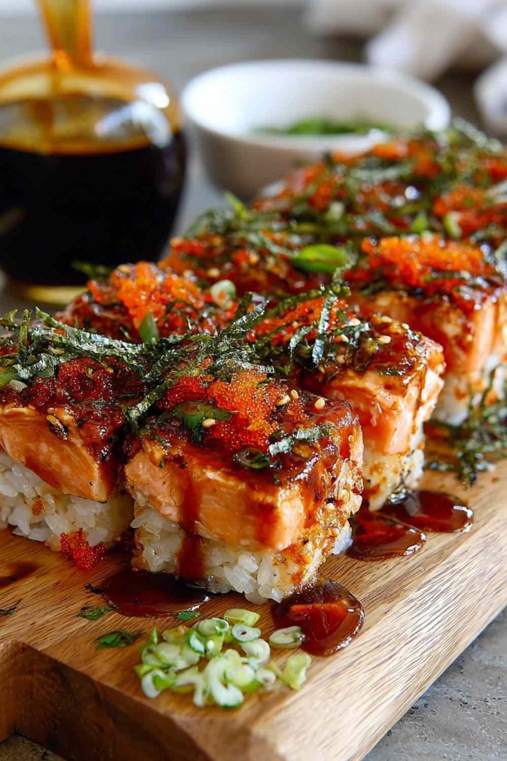 Spicy salmon sushi bake in baking dish with golden bubbly topping and green onion garnish