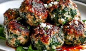 Spinach garlic meatballs with mozzarella center served over spaghetti with marinara sauce and fresh parsley