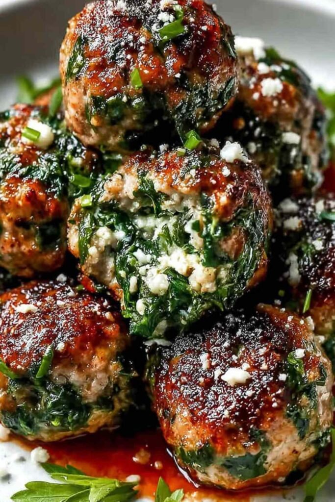 Spinach garlic meatballs with mozzarella center served over spaghetti with marinara sauce and fresh parsley