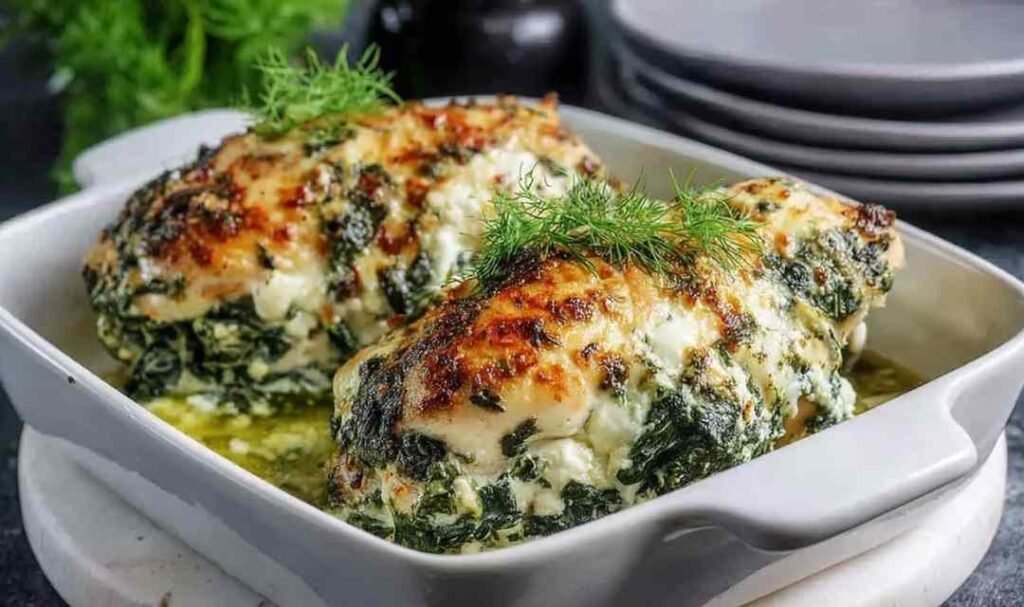 Golden spinach and feta baked chicken with bubbly melted mozzarella in a white 9x13 baking dish