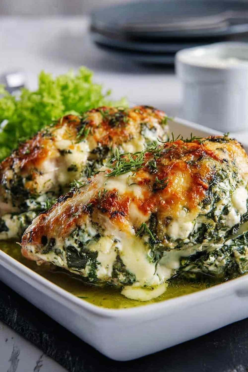 Golden spinach and feta baked chicken with bubbly melted mozzarella in a white 9x13 baking dish