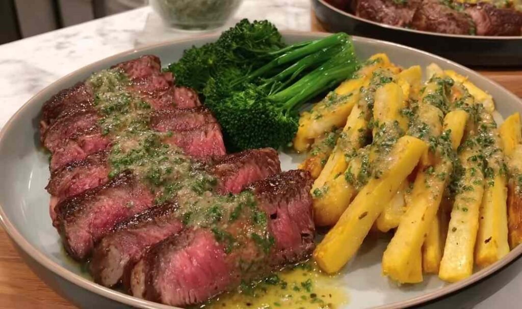 Sliced NY strip steak with truffle butter and chimichurri fries on a dinner plate