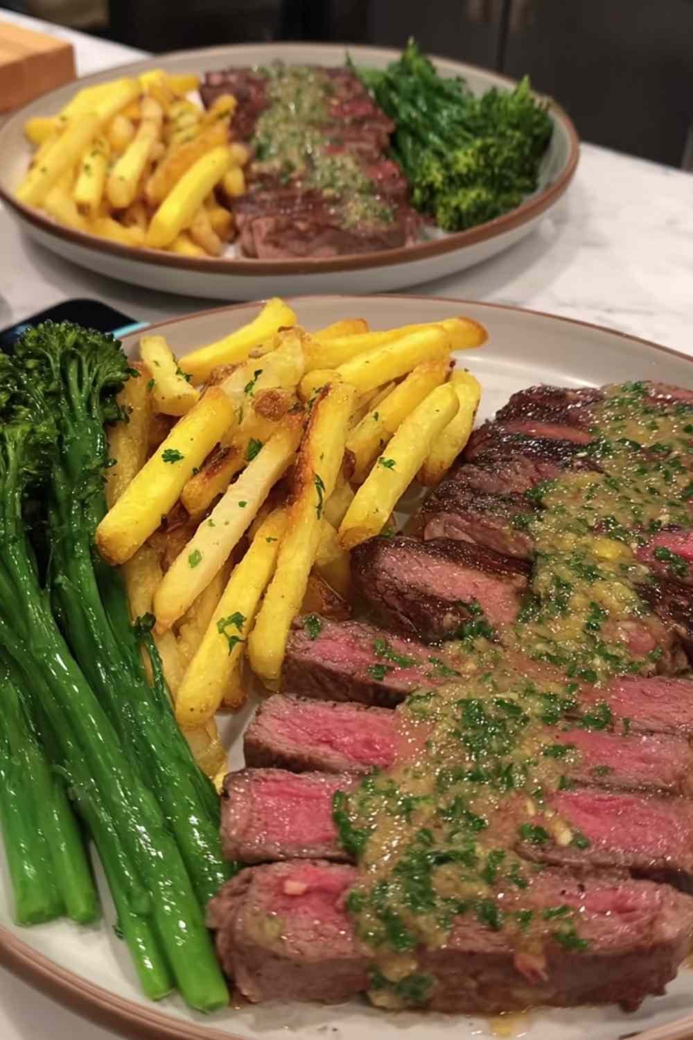 Sliced NY strip steak with truffle butter and chimichurri fries on a dinner plate