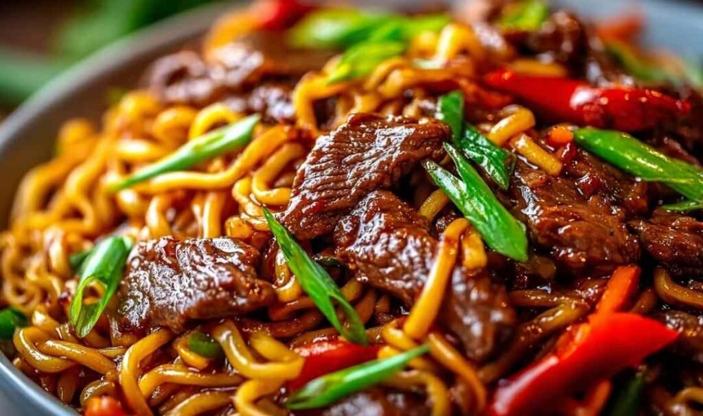 Sticky Beef Noodles Served in a Bowl with Sesame Garnish