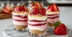 Strawberry cheesecake parfait cups with layered cream cheese filling and fresh berries for dinner party dessert