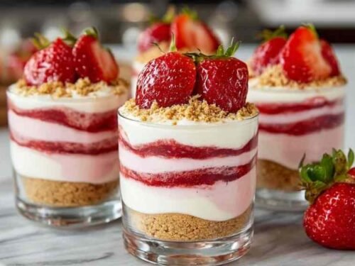 Strawberry cheesecake parfait cups with layered cream cheese filling and fresh berries for dinner party dessert