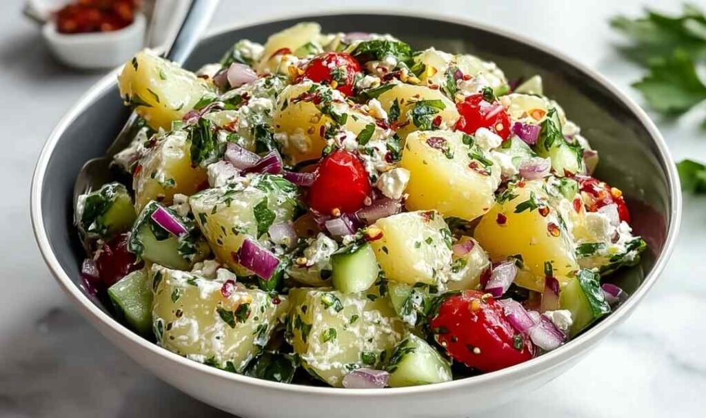 Turkish Potato Salad served in a wide white bowl with visible feta and fresh herbs