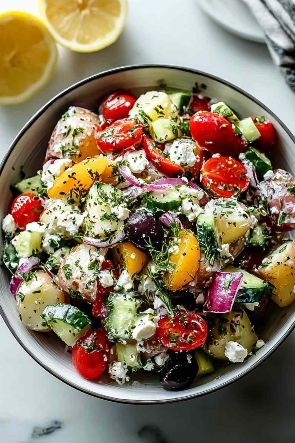 Turkish Potato Salad served in a wide white bowl with visible feta and fresh herbs