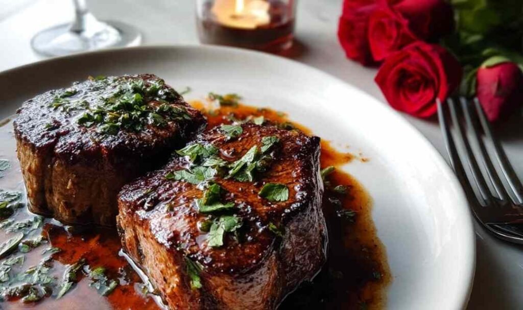 Valentine's Day dinner grilled ribeye steak with red wine sauce on white plate with roasted vegetables