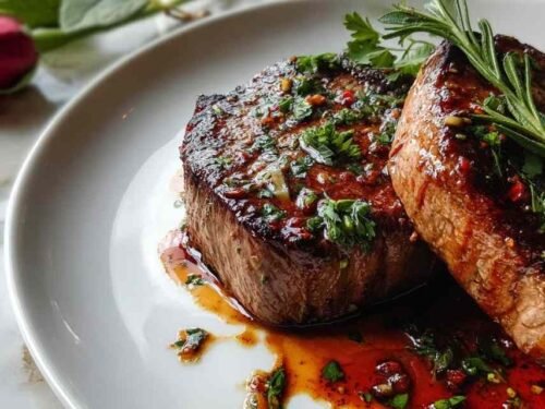 Valentine's Day dinner grilled ribeye steak with red wine sauce on white plate with roasted vegetables