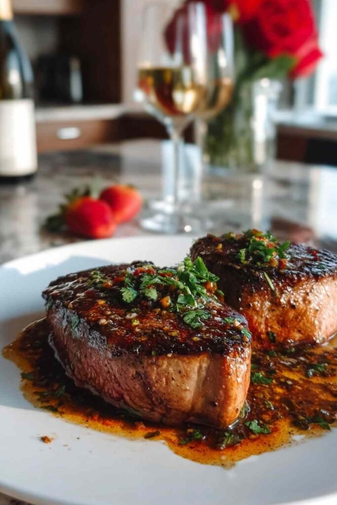 Valentine's Day dinner grilled ribeye steak with red wine sauce on white plate with roasted vegetables
