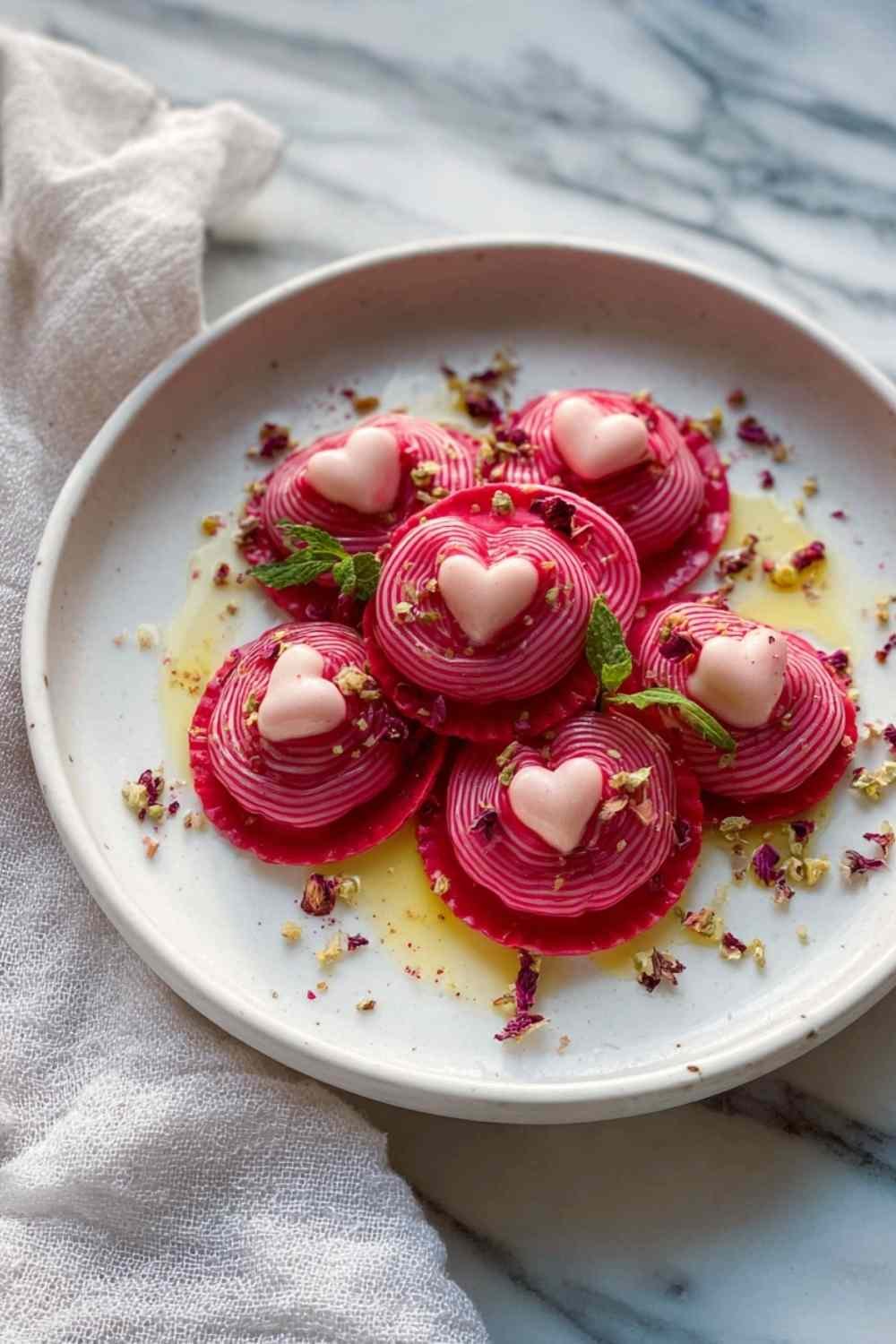 : Valentine's Day Ravioletti pink heart-shaped pasta with butter sauce walnuts and herbs on white plate